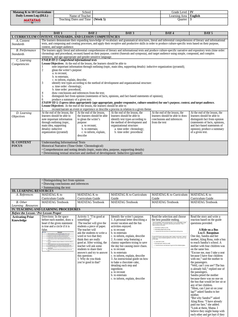 Grade IV English Daily Lesson Log | PDF | Reading Comprehension ...