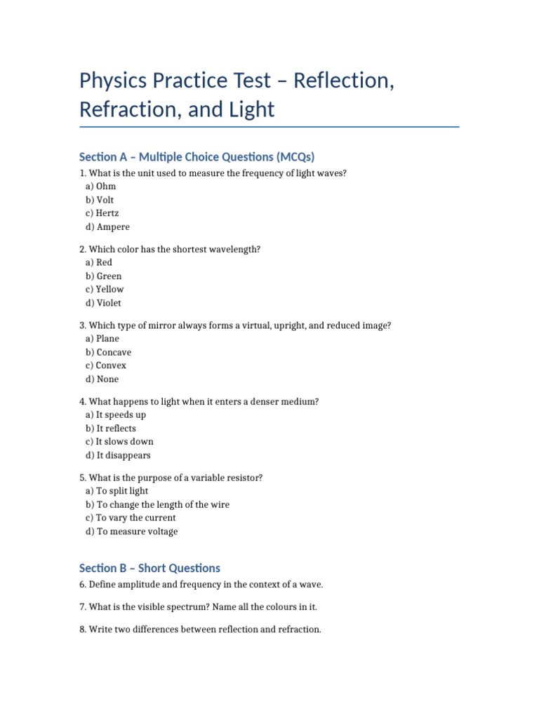 Physics Reflection Refraction Test | PDF