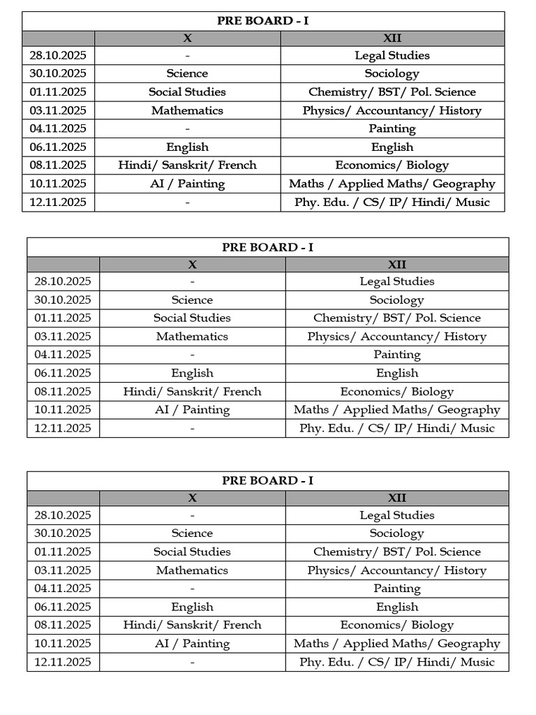 New Date Revised Date Sheet For Class X and XII (2025-26) Pre Board | PDF