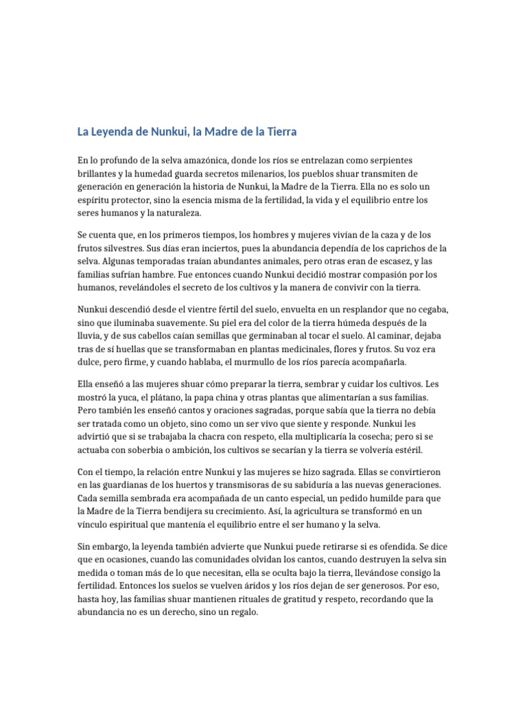 La Leyenda de Nunkui, Madre Tierra | PDF