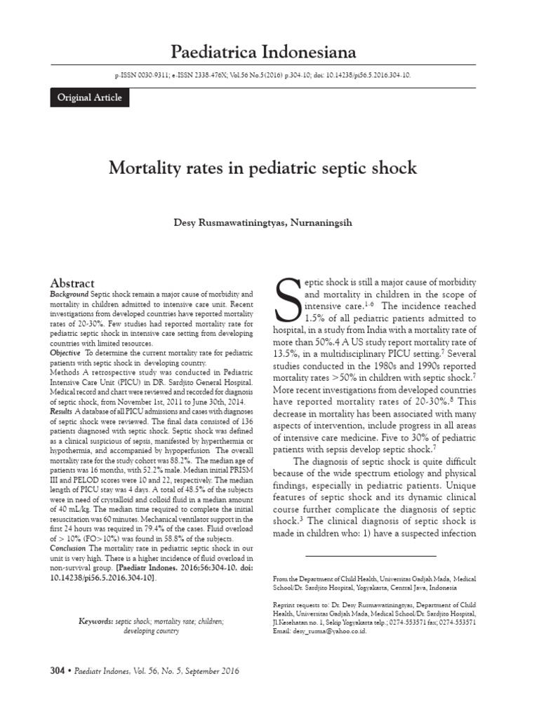 Mortality Rates in Pediatric Septic Shock | PDF | Sepsis | Shock ...