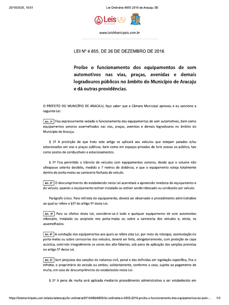 Lei Ordinária 4855 2016 de Aracaju SE | PDF