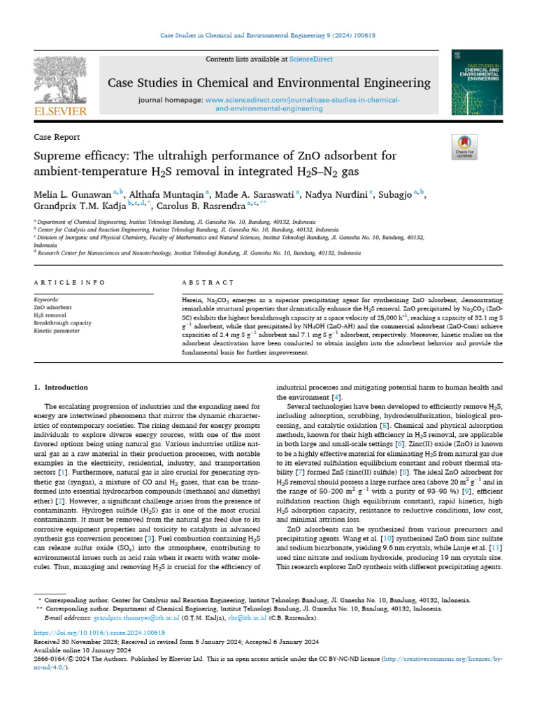ZnO Adsorbent for H2S Removal Efficiency | PDF | Adsorption | Zinc Oxide