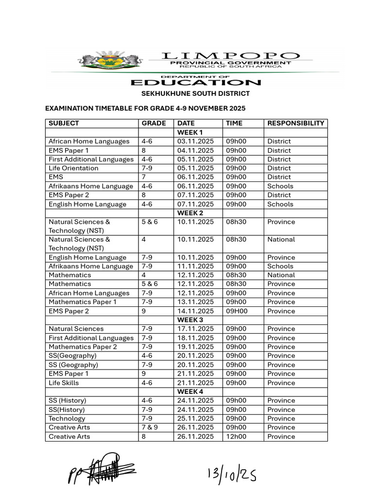 Grade 9 Exam Timetable November 2025 | PDF | Science | Liberal Arts ...
