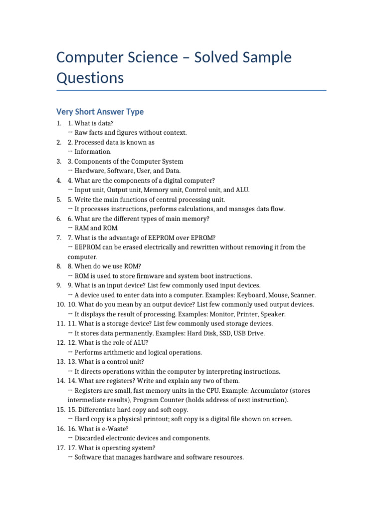 Computer Science Solved Very Short Questions Chapter 2 | PDF | Read ...