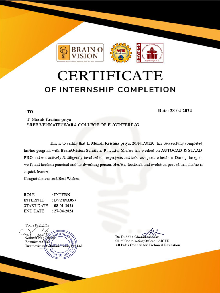 Internship Completion Certificate for T. Murali Krishna Priya | PDF