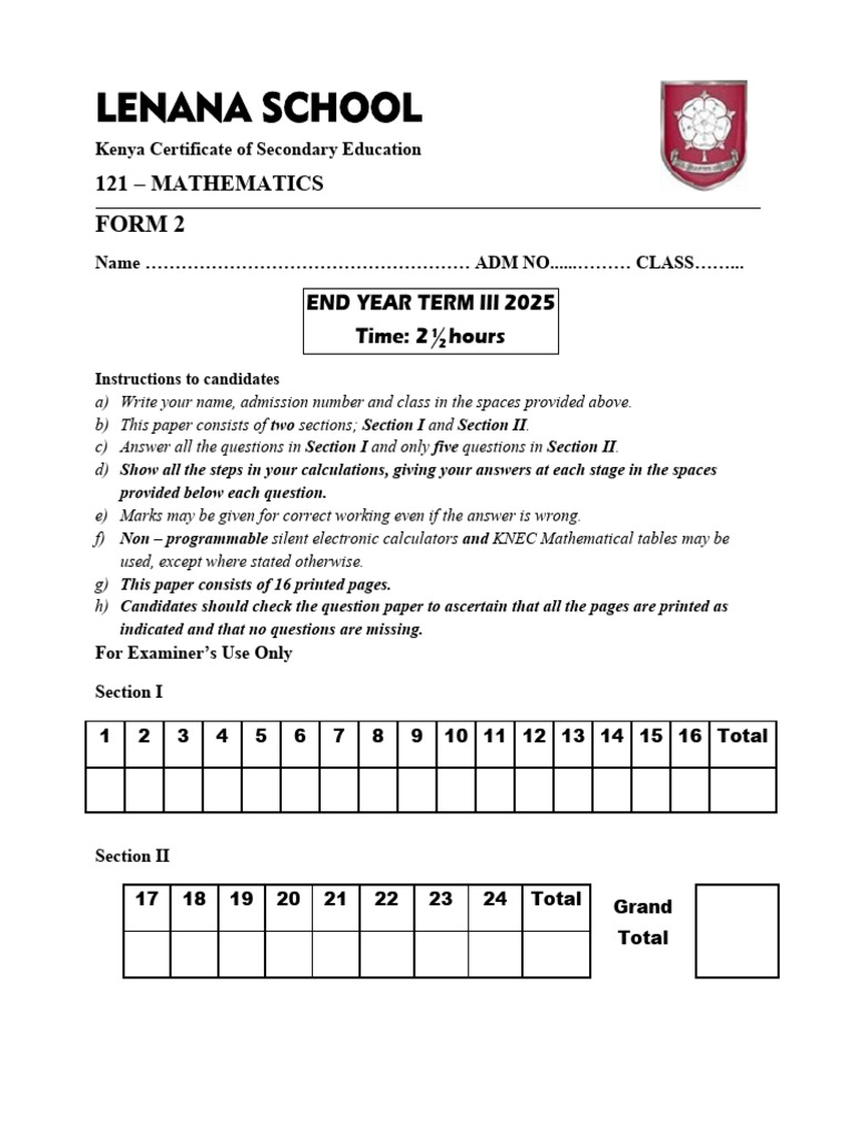 Form 2 Mathematics Exam Paper 2025 | PDF | Mathematics