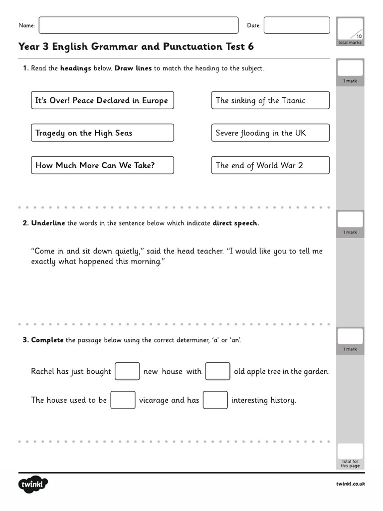 Year 3 English Grammar and Punctuation Test 6 - 250309 - 131015 | PDF