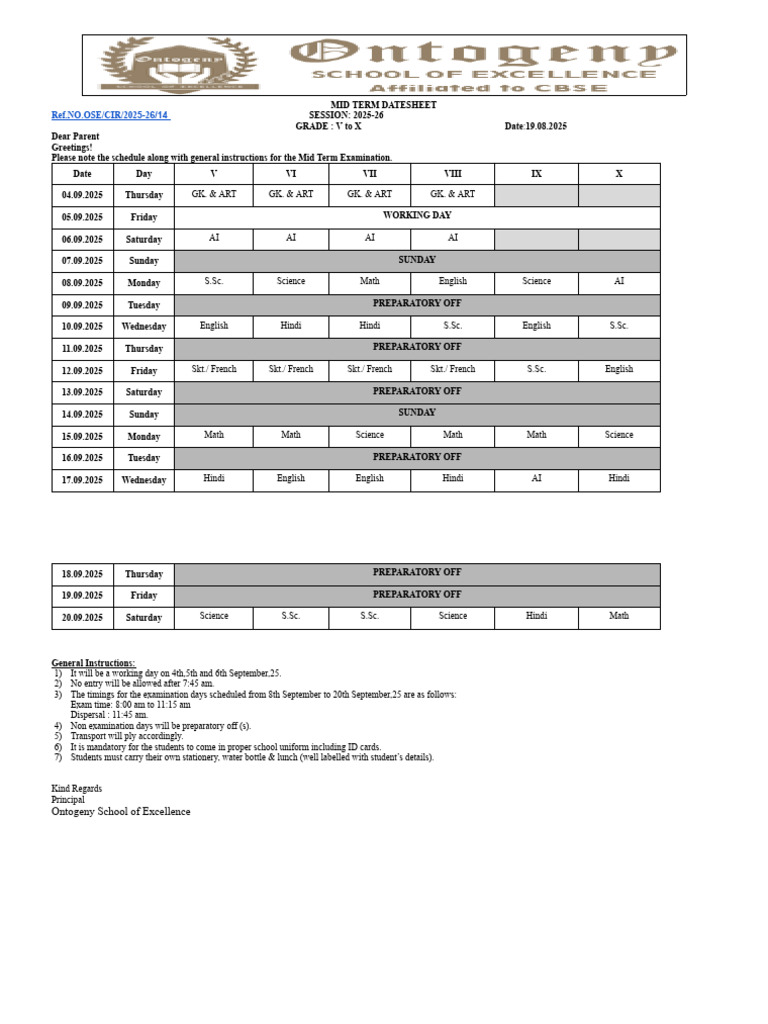 Mid Term Exam Schedule 2025-26 | PDF