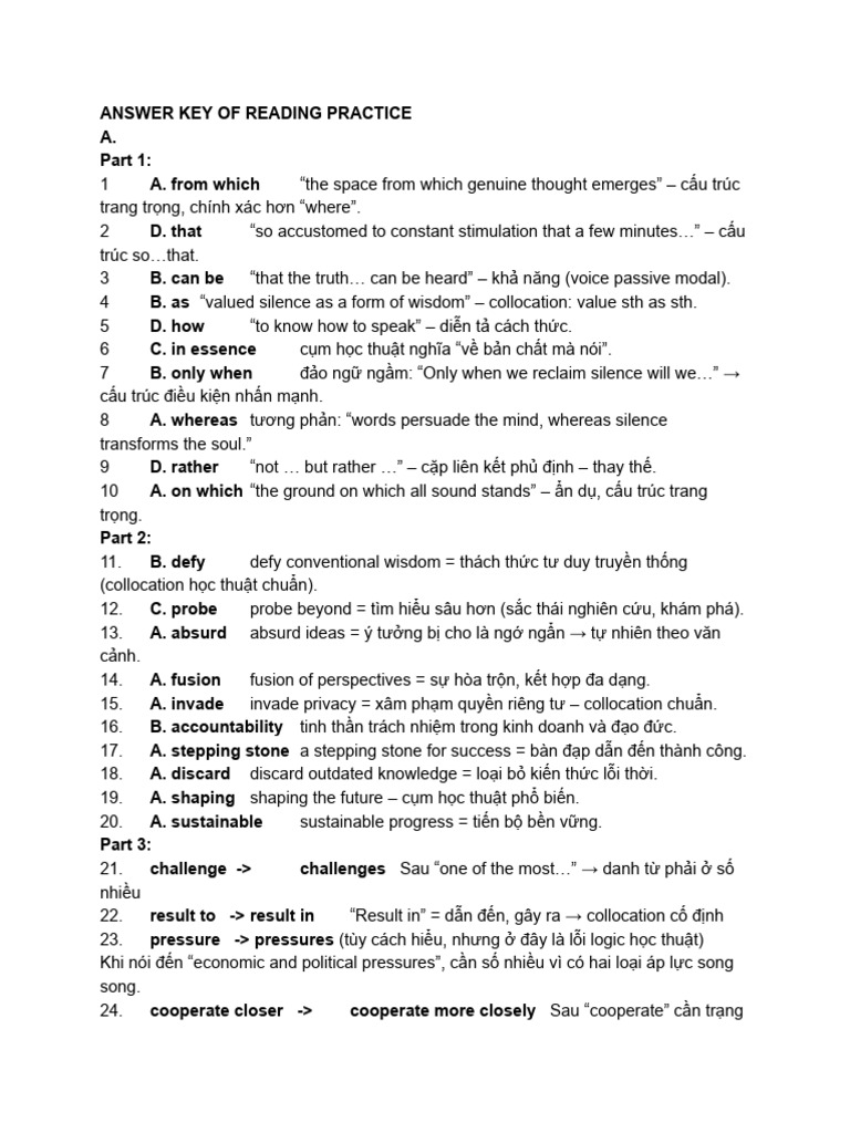 Answer Key of Reading Practice | PDF