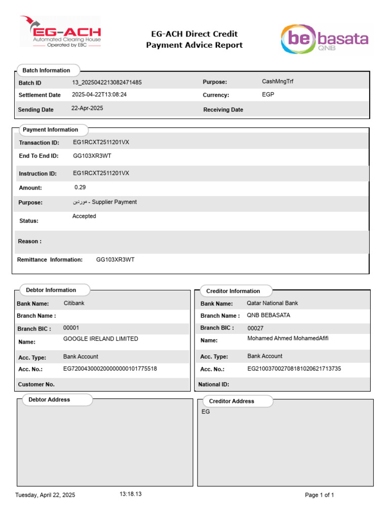 EG-ACH Direct Credit Payment Report | PDF