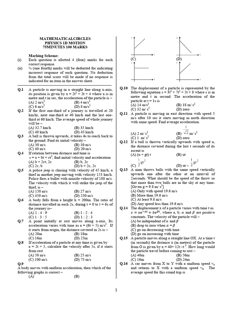 Physics 1D Motion Exam Questions | PDF | Acceleration | Speed
