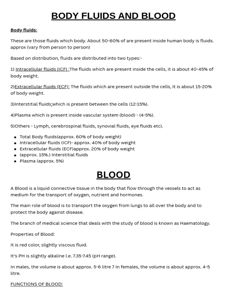 Body Fluids and Blood Composition Overview | PDF | Coagulation | Blood Type