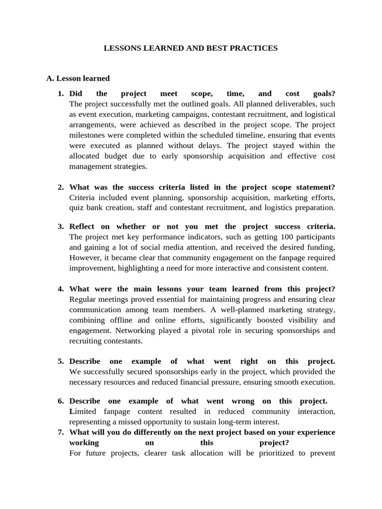 Lessons Learned and Best Practices Group 1 PDF Risk Management