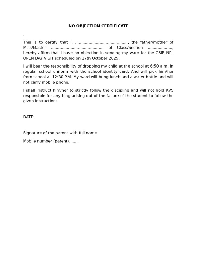 No Objection Certificate for School Visit | PDF