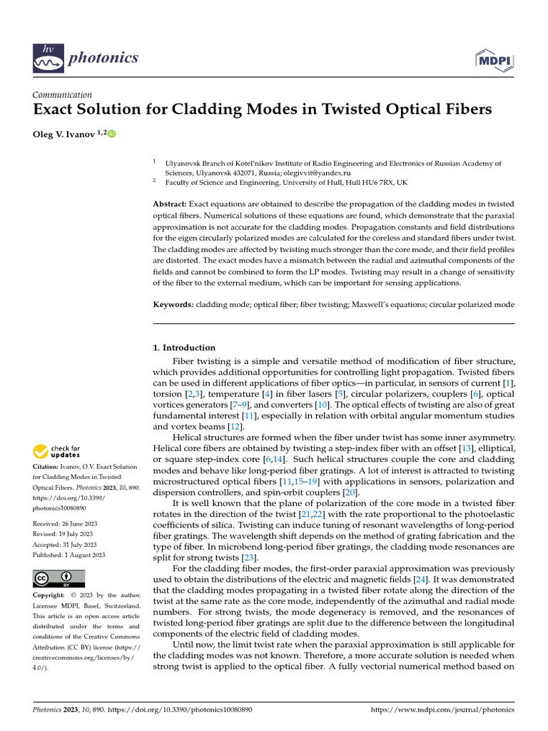 Cladding Modes in Twisted Optical Fibers | PDF | Optical Fiber ...