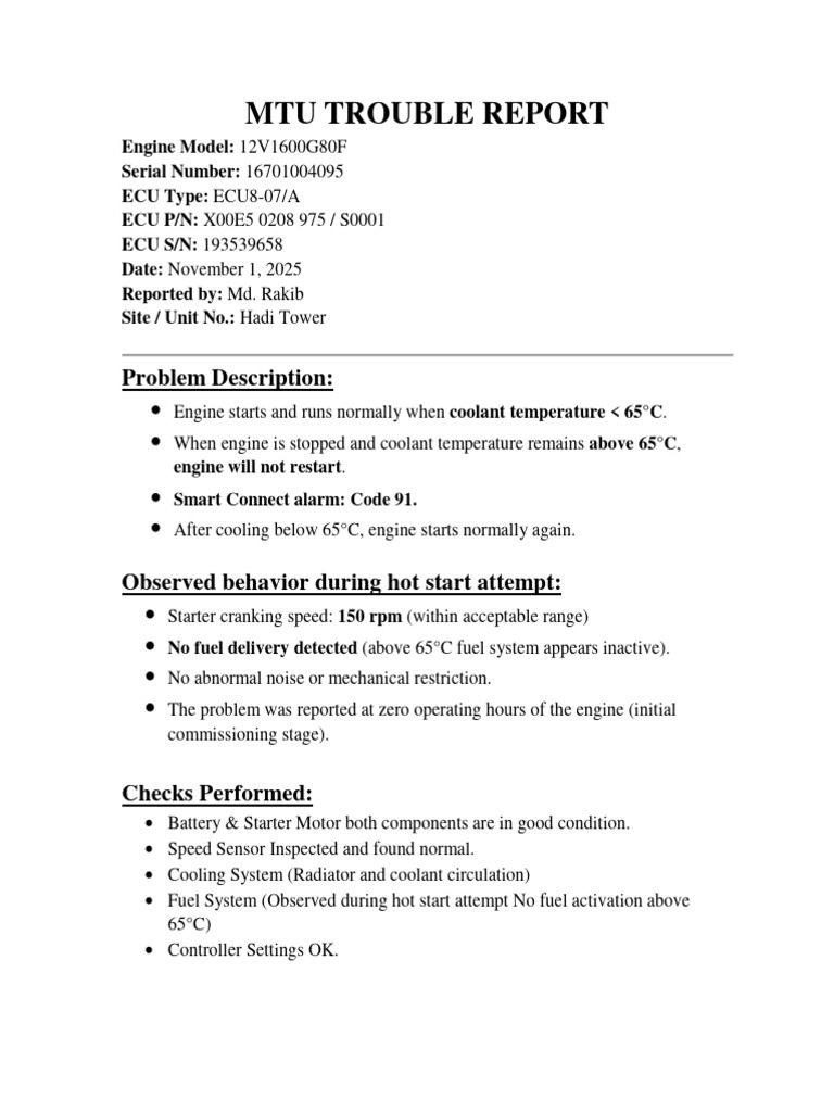 MTU Engine Hot Start Issue Report | PDF