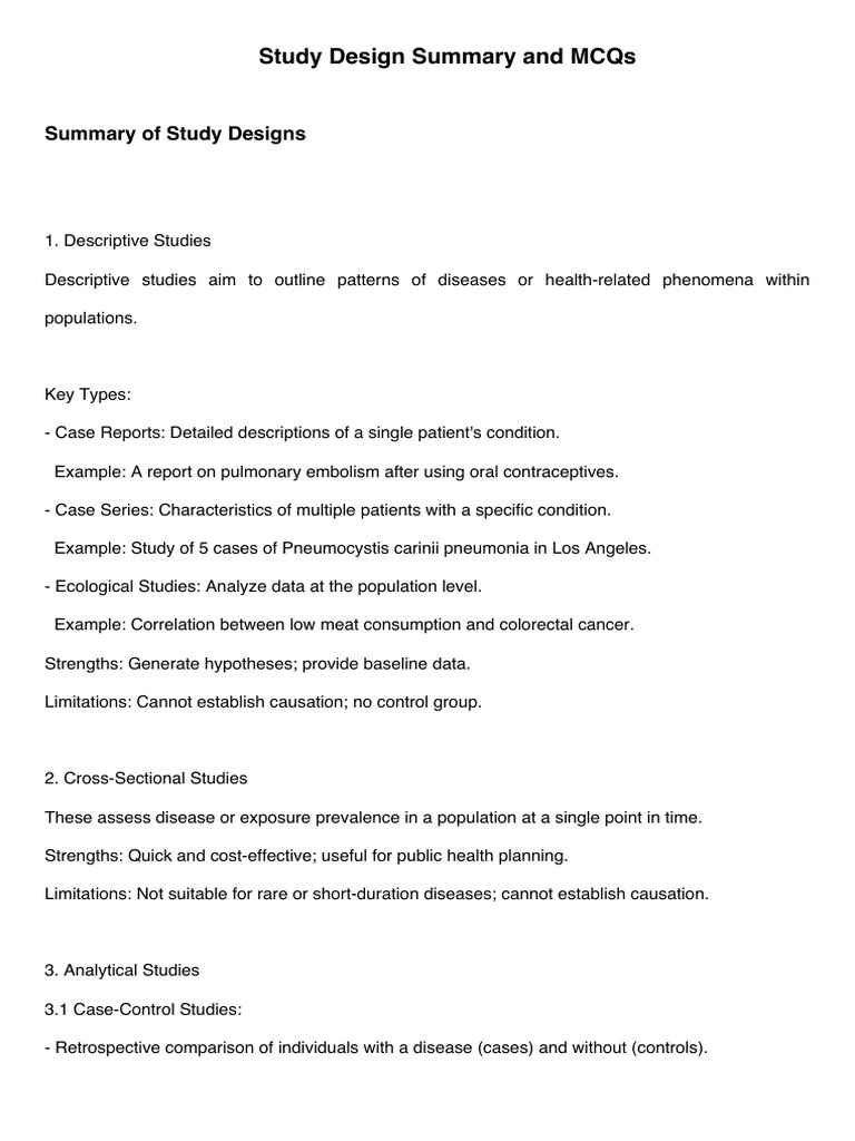 Study Design Summary and MCQs1 | PDF | Cohort Study | Experiment