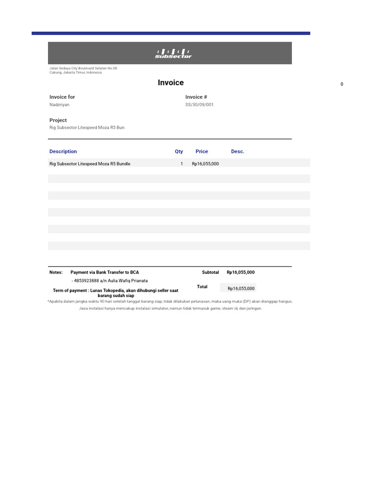 Invoice Rig Subsector Litespeed Moza R5 | PDF