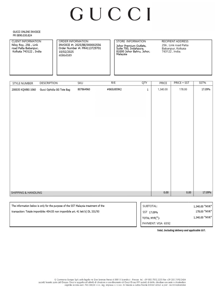 Gucci Invoice for Ophidia Tote 2025 | PDF
