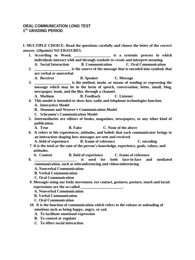 Oral Communication Long Test 10152023 | PDF | Communication | Nonverbal ...