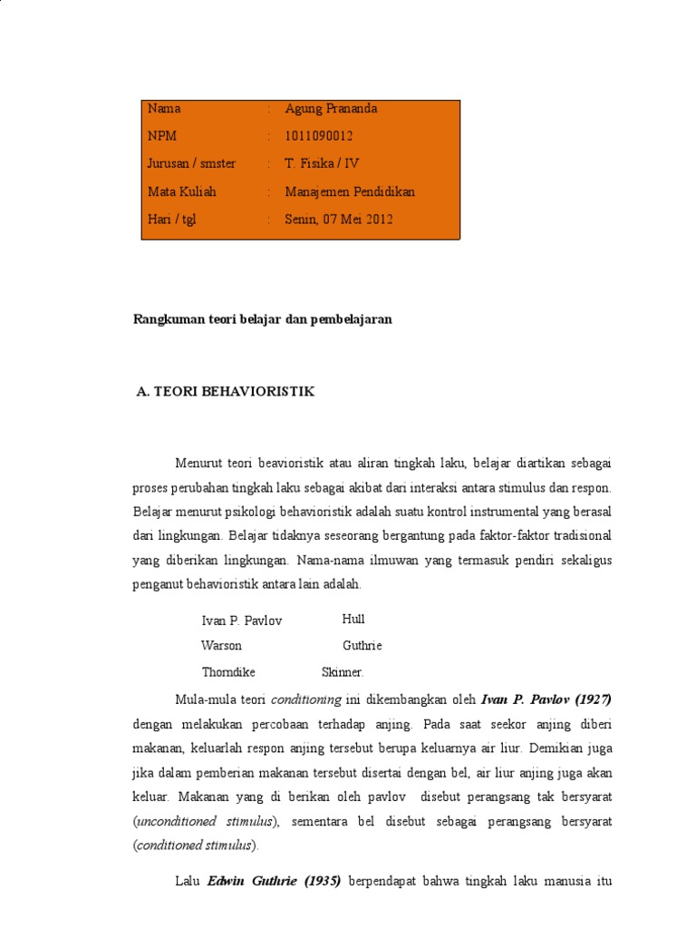 Rangkuman Teori Belajar Dan Pembelajaran Fix