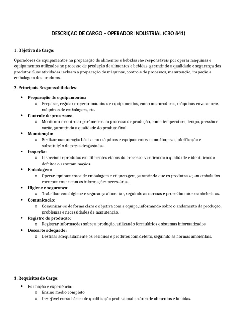 Descrição do Cargo: Operador Industrial | PDF | Qualidade (negócios)