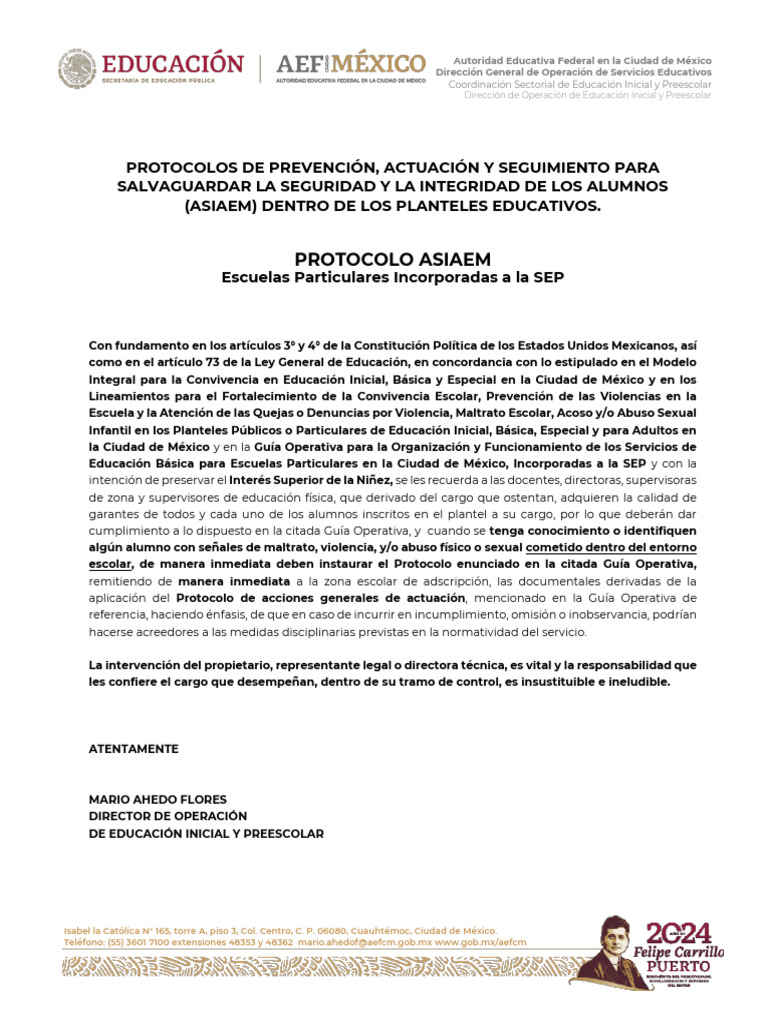 Protocolo de Seguridad Escolar ASIAEM | PDF | Violencia | Abuso infantil