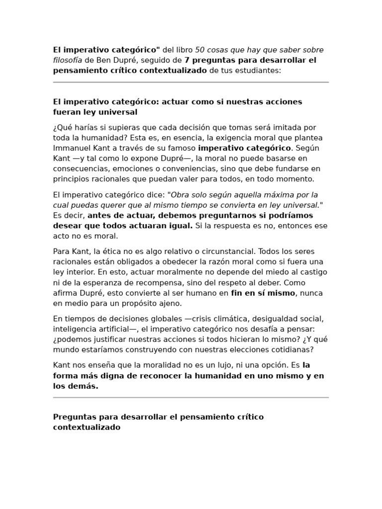 El imperativo categórico de Kant | PDF | Immanuel Kant | Moralidad
