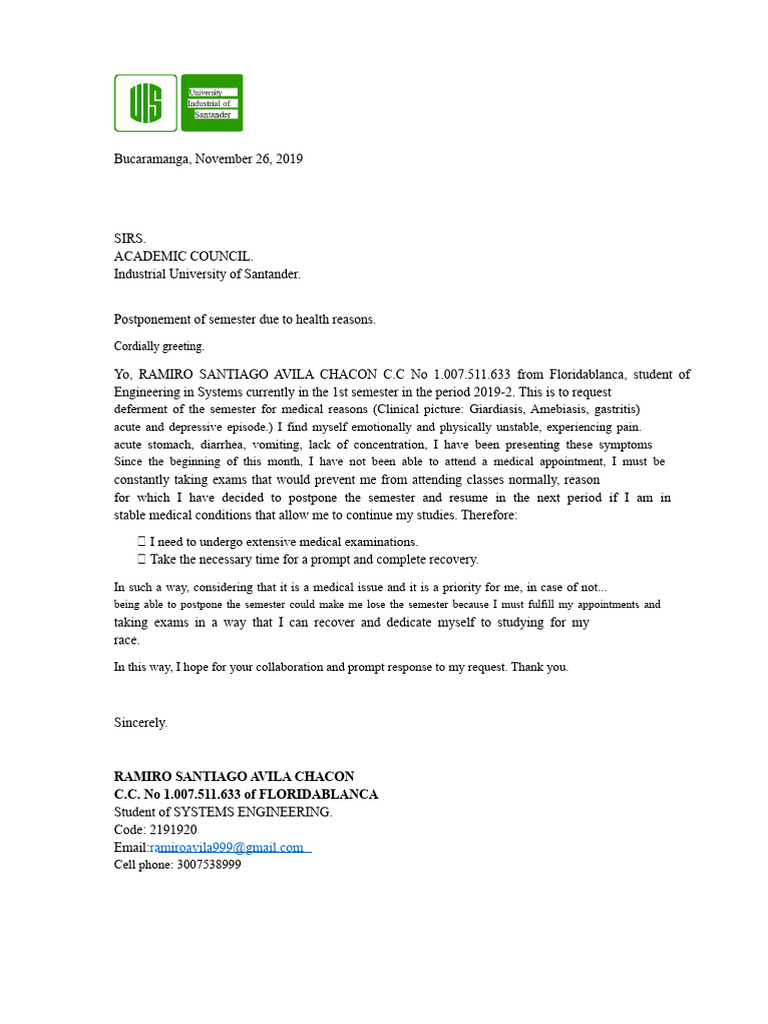 Request to Postpone Semester for Health Reasons | PDF