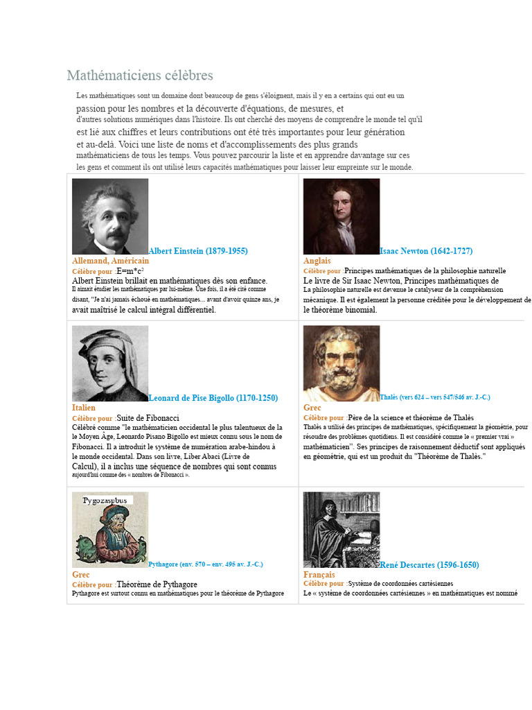 Mathématiciens Célèbres et leurs Contributions | PDF | Mathématiques ...