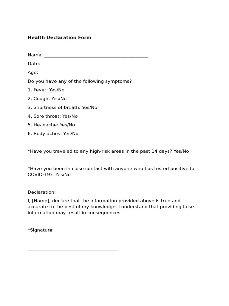 COVID-19 Health Declaration Form | PDF