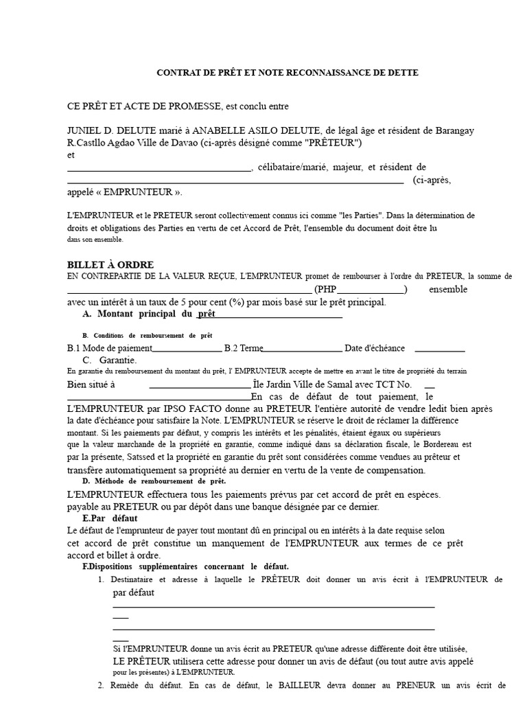 Contrat de Prêt et Reconnaissance de Dette | PDF | Prêts | Finances ...
