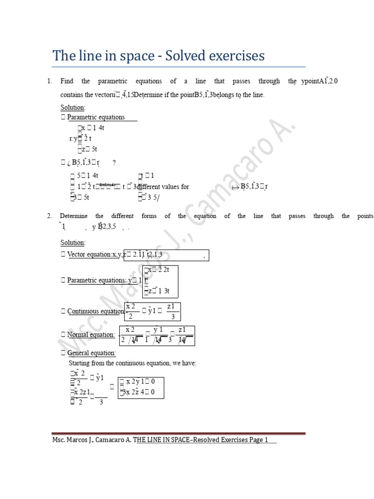 Solved Exercises on Lines in Space | PDF | Equations | Line (Geometry)