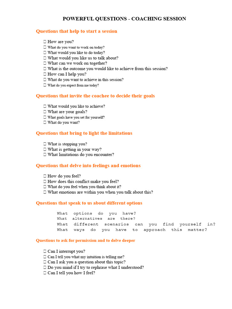 Essential Coaching Questions Guide | PDF | Feeling | Cognitive Science
