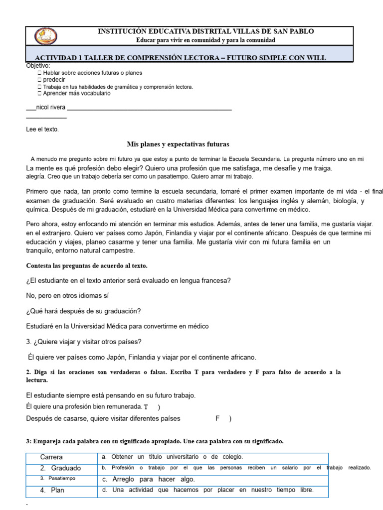 Taller de Comprensión Lectora: Futuro Simple | PDF | Comprensión lectora