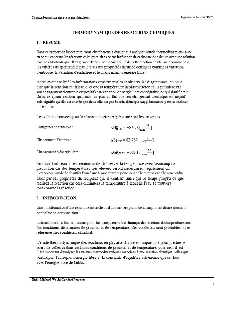 Étude thermodynamique des réactions chimiques | PDF | Enthalpie libre ...