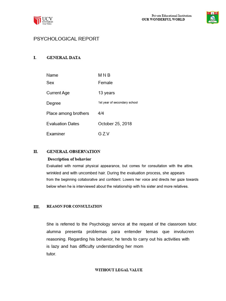 Psychological Report: Adolescent Evaluation | PDF | Psychology | Self ...