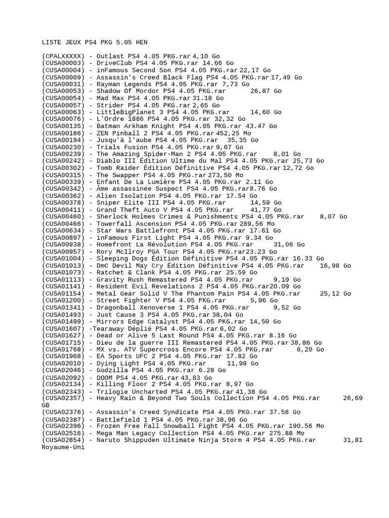 Liste des jeux PS4 PKG 5.05 HEN | PDF
