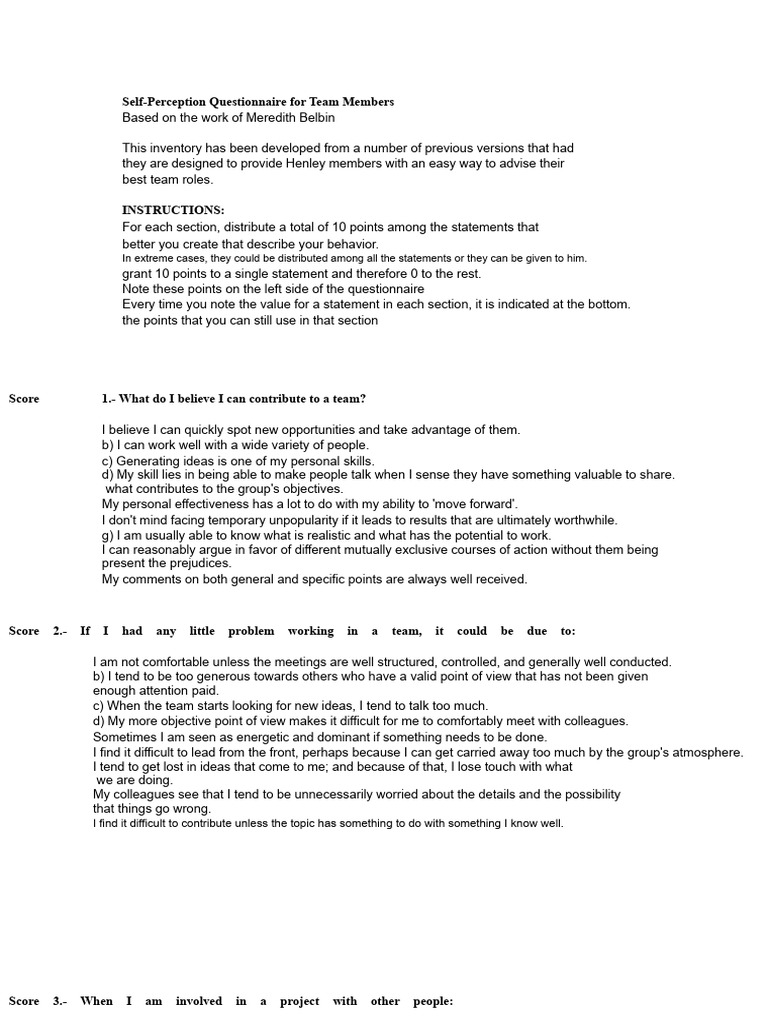 Team Role Self-Perception Questionnaire | PDF | Cognition | Social ...