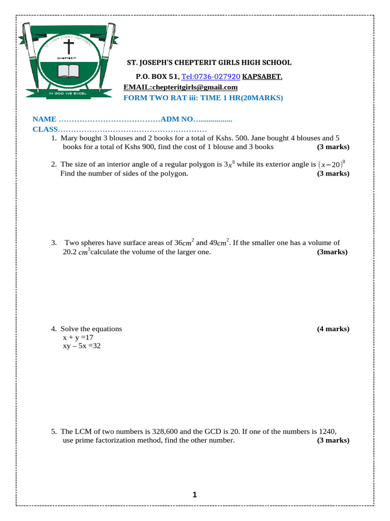 Form Two Mathematics Assessment | PDF