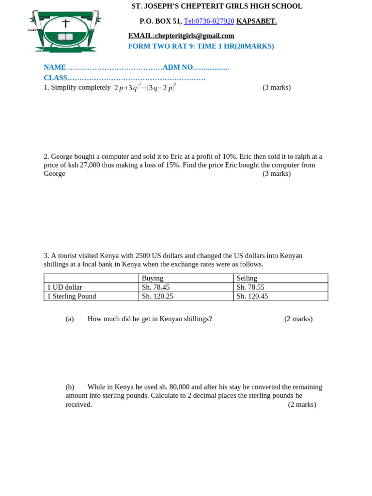 Form Two Mathematics Assessment | PDF