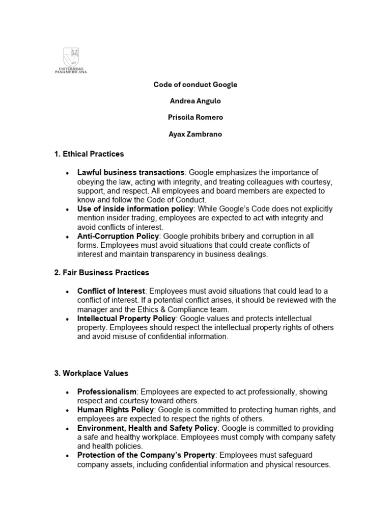 Google Employee Code of Conduct Overview | PDF | Conflict Of Interest ...