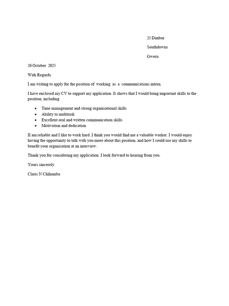 Communications Intern Application Letter | PDF