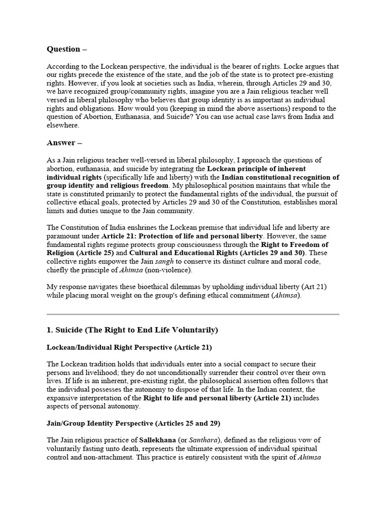 Question On Lockean Perspective and Abortion, Euthanasia, and Suicide | PDF