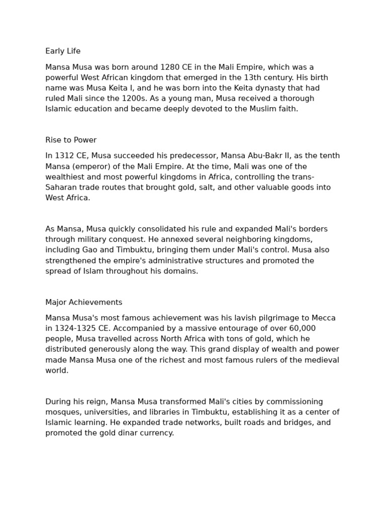 Mansa Musa: Rise of Mali's Wealthy Emperor | PDF