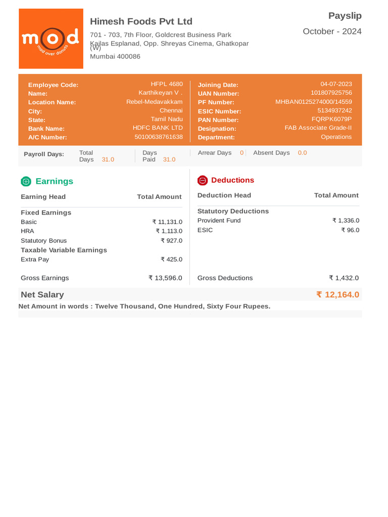Karthikeyan V - HFPL 4680 October 2024 Employee Basic Payslip | PDF