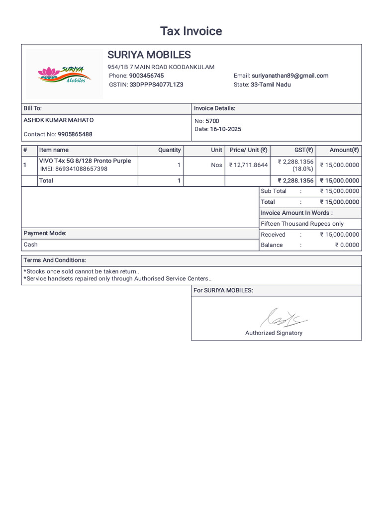 Tax Invoice for VIVO T4x Purchase | PDF