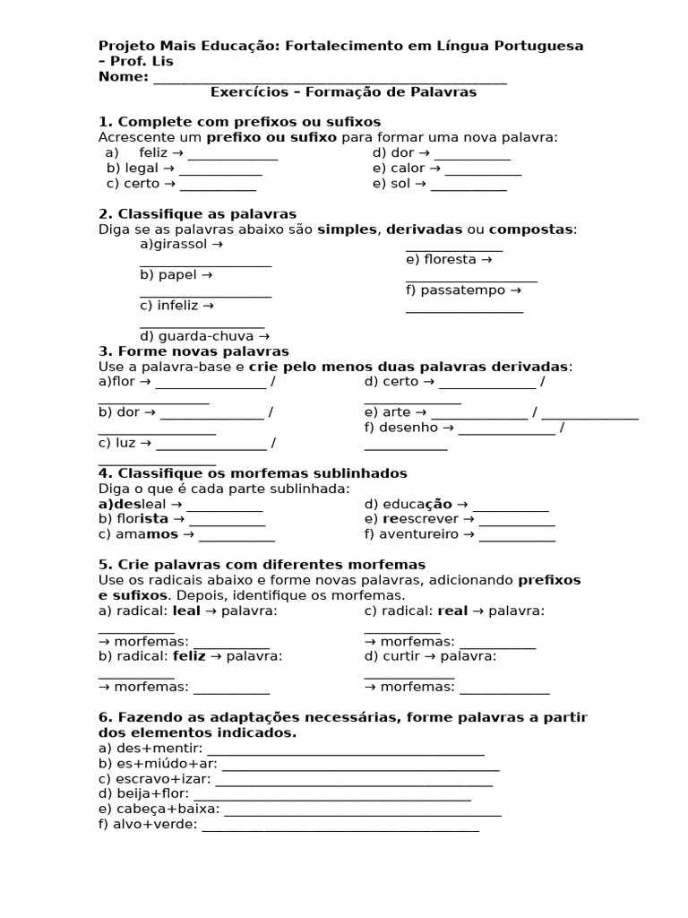 Exercícios de Formação de Palavras | PDF | Palavra | Gramática