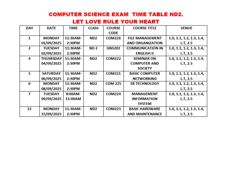 ND 2 Second Semester Time Table | PDF